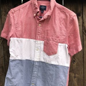american eagle red white & blue button down
